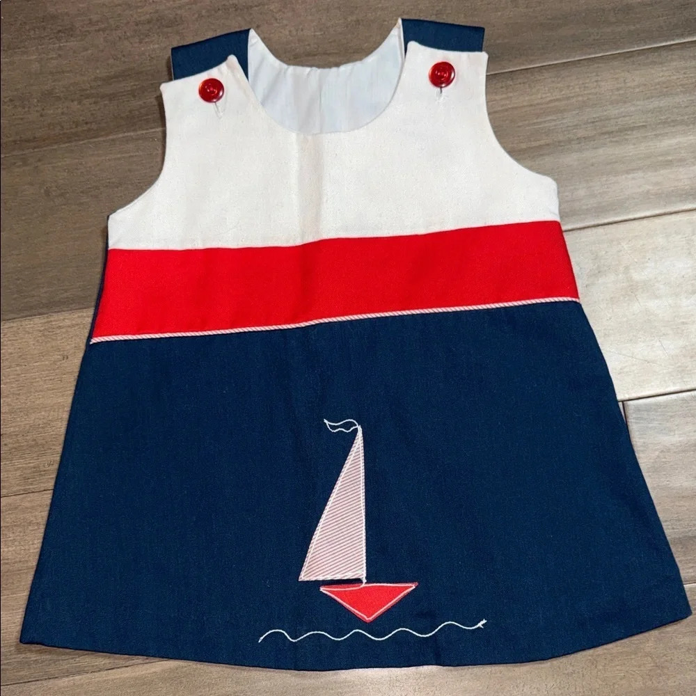Vintage Nautical Colorblock Sailboat Jumper Dress | Navy Red White 18-24M